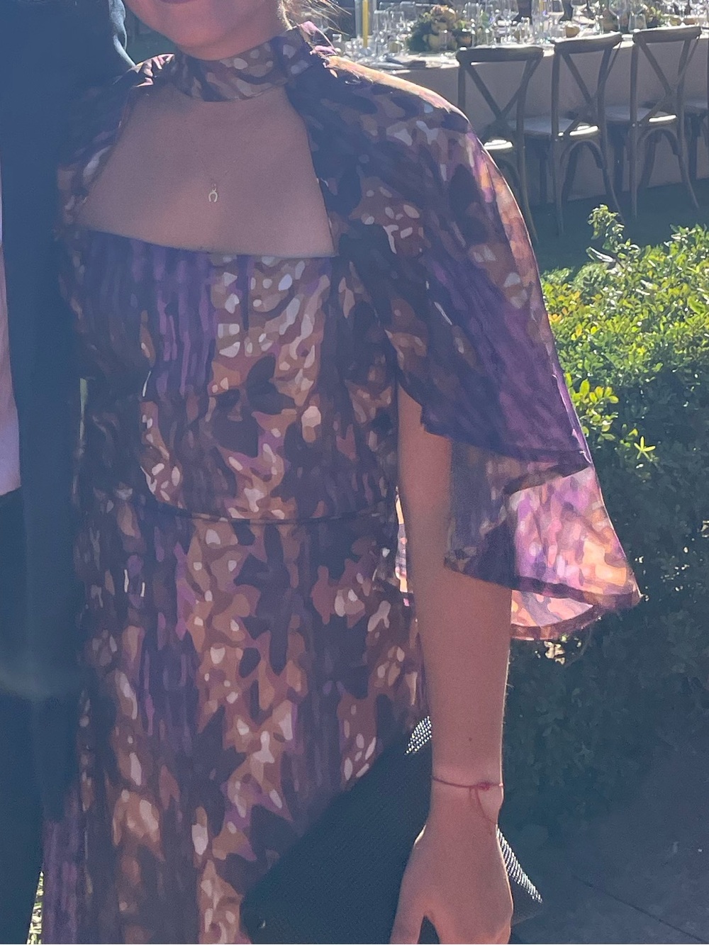 LAAGAM Purple Patterned Maxi Dress with Sheer Cape - wedding guest
